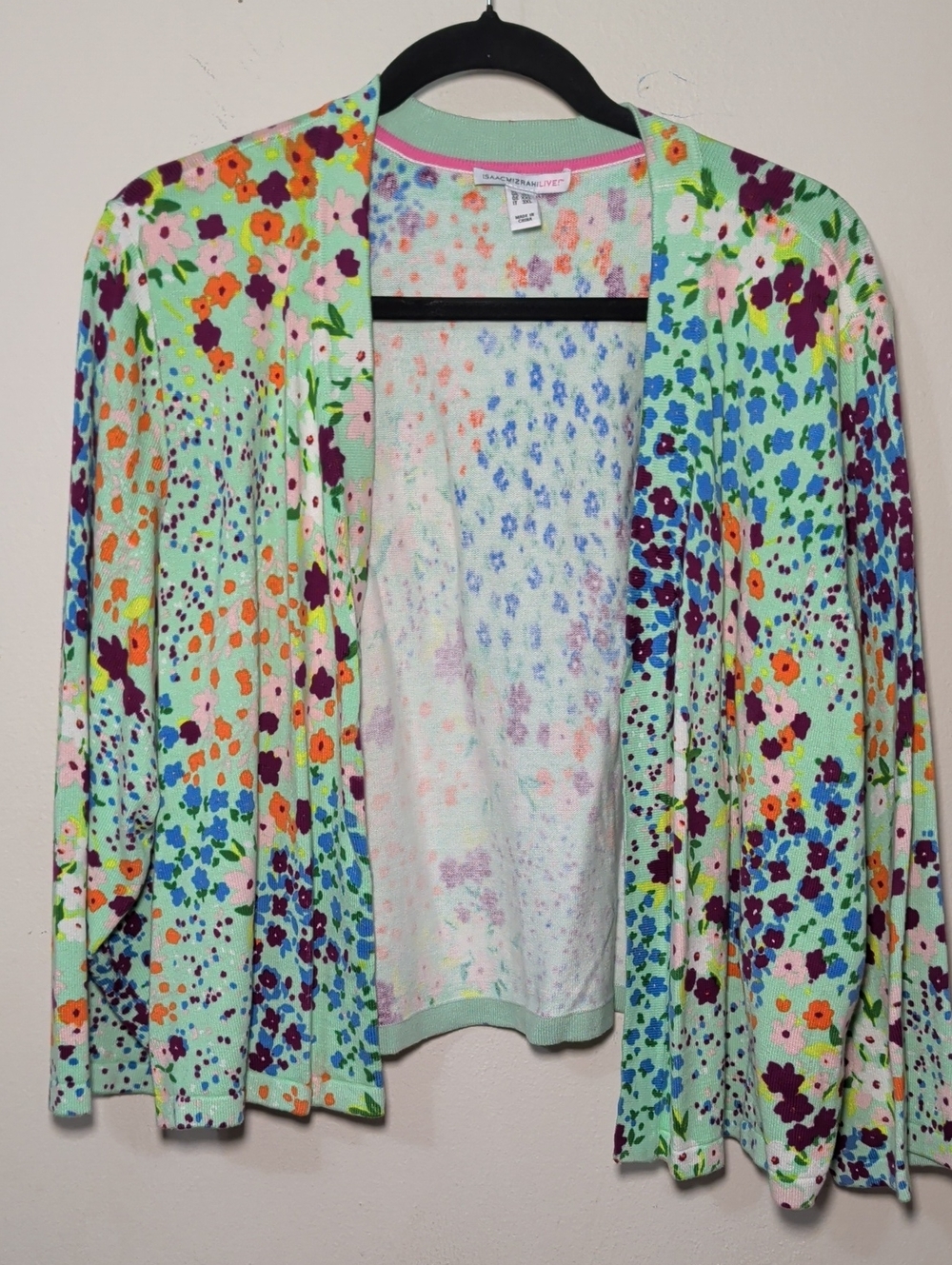 Isaac Mizrahi Live Floral Open Cardigan Sweater Mint Green Colorful Size 2X